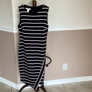 London Times Navy and White Striped Midi Dress